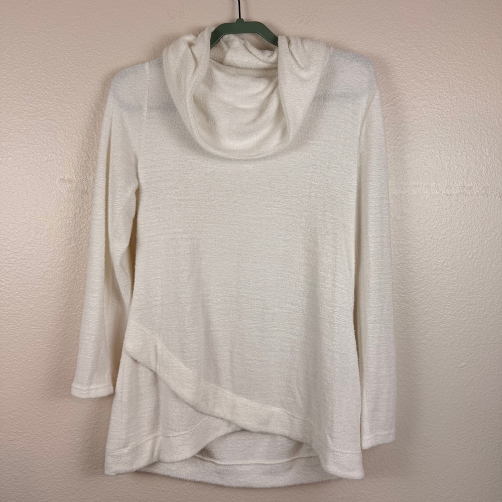 Chico's Tunic Sweater Women M Cream Excellent Cowl Neck Crossover Hem Cozychic